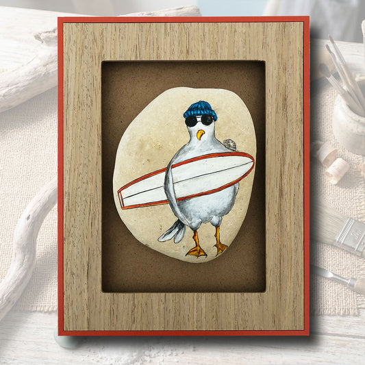 Tableau Galet "La Mouette Surfeuse au Bonnet Bleu" — Pièce Unique n°28